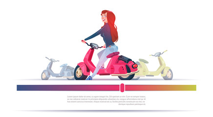 Young Girl Riding Electric Scooter Red Vintage Motorcycle Template Banner With Copy Space Vector Illustration