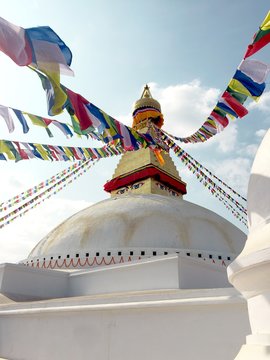 Boudhanath Stupa (Buddha Stupa) and Prayer Flags in Kathmandu, Nepal.