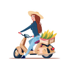 Woman Farmer Riding Electric Scooter With Harvest In Box Flat Vector Illustration