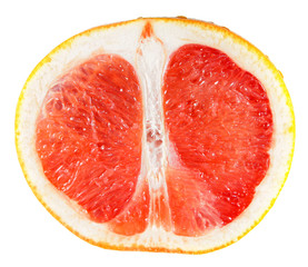 Red grapefruit cut in half inside longitudinal section isolated on white background