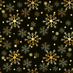 Christmas dark seamless pattern with gold vintage snowflakes and stars and balls (vector)