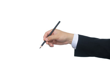 Business man writing with pencil isolated on white background with clipping path