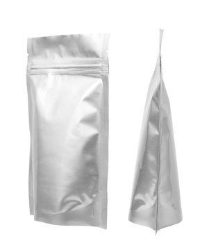 Silver foil zipper bag packaging, Isolated on white.