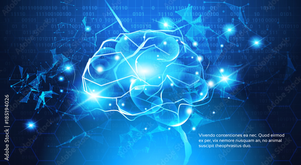 Poster technology concept, digital brain with electric circuit binary code blue background vector illustrat