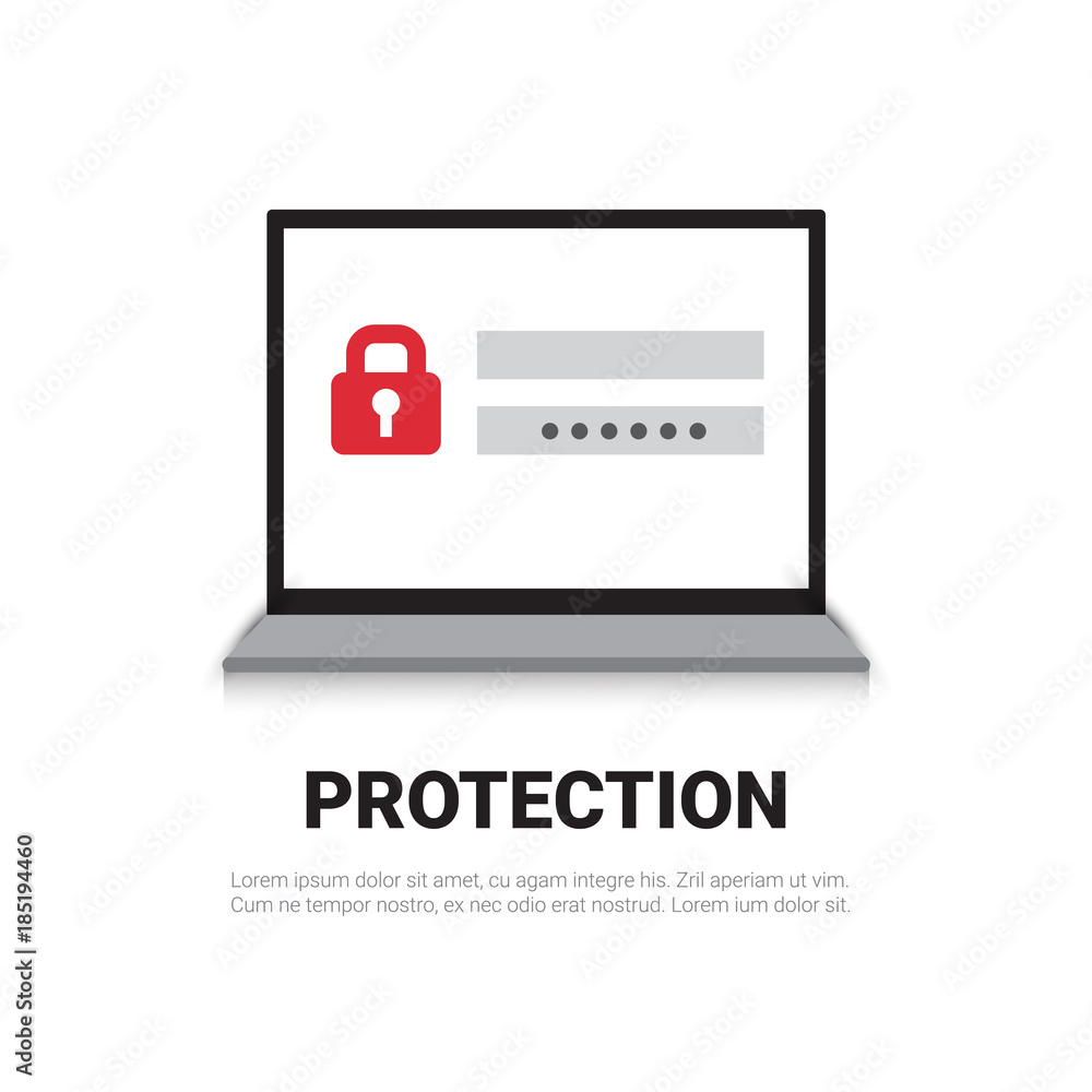 Poster laptop computer enter password data protection and security concept vector illustration