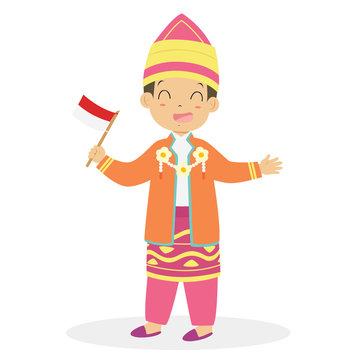 Boy wearing South Kalimantan traditional dress and holding Indonesian flag. Indonesian children, South Kalimantan traditional dress cartoon vector