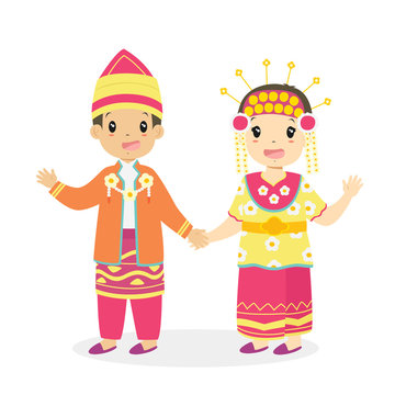 Happy boy and girl wearing South Kalimantan traditional dress and holding hands. Indonesian children, South Kalimantan traditional dress cartoon vector
