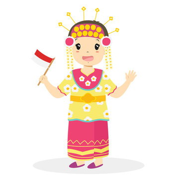Girl wearing South Kalimantan traditional dress and holding Indonesian flag. Indonesian children, South Kalimantan traditional dress cartoon vector