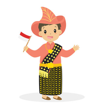 Boy wearing Nusa Tenggara Timur traditional dress and holding Indonesian flag. Indonesian children, NTT traditional dress cartoon vector