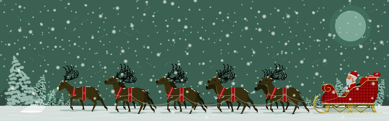 Santa Claus and his nine Reindeer are traveling across the snow field in the Christmas night
