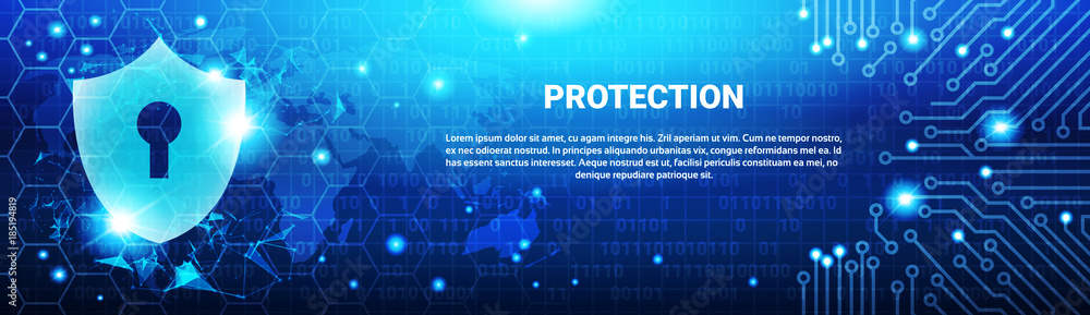 Poster protection shield blue polygons over circuit background business concept of data security horizontal