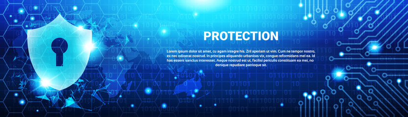 Protection Shield Blue Polygons Over Circuit Background Business Concept Of Data Security Horizontal Banner Vector Illustration