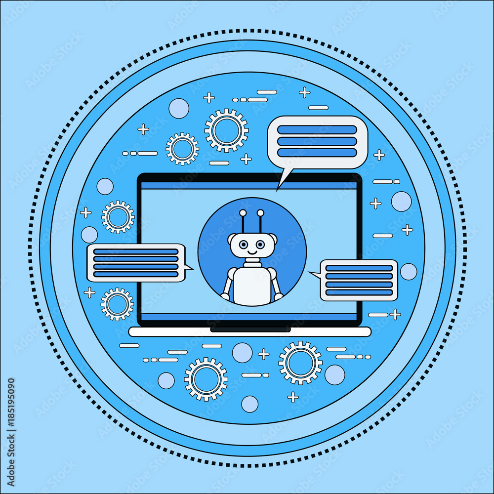Poster laptop computer with chatbot, modern chatterbot technology tech support service chat concept vector 