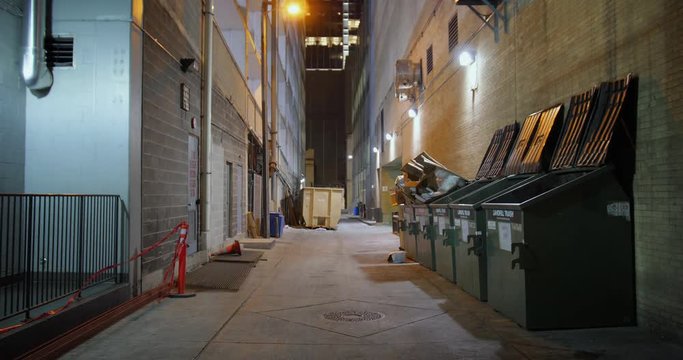 A nighttime static background plate of an alley in a large city's downtown district. Day/night matching available.  	