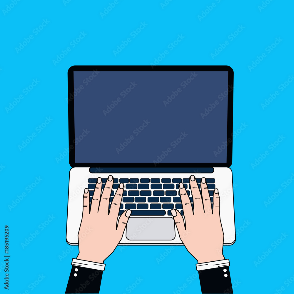 Poster business man hands using laptop computer typing top view on blue background thin line design vector 