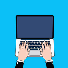 Business Man Hands Using Laptop Computer Typing Top View On Blue Background Thin Line Design Vector Illustration