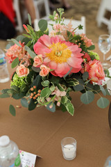 Wedding Photography: Pink, White, Peach, Coral and Green Wedding Floral Arangement Centerpiece
