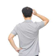 Back view of young casual man portrait isolated on white studio background. with clipping path