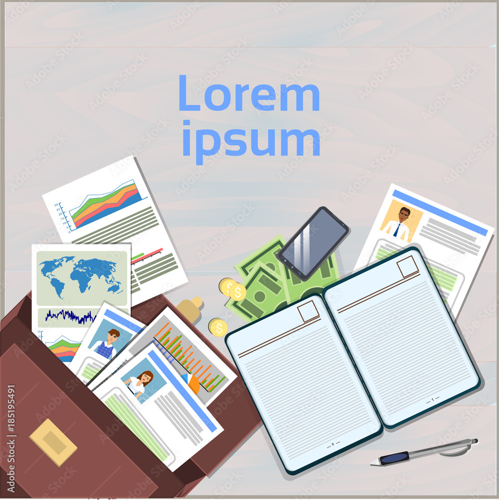 Poster workplace concept open suitcase on office desk with cv resume and document folders top angle view ba