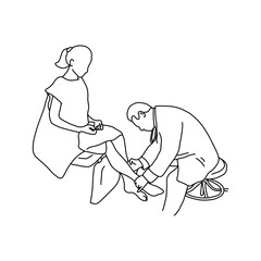 Doctor examining calf muscle of female patient with hand vector illustration outline sketch hand drawn with black lines isolated on white background