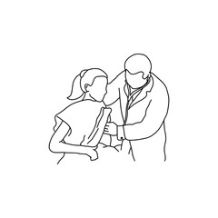 Doctor examining chest of a patient with hand vector illustration outline sketch hand drawn with black lines isolated on white background