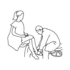 Neurologist using small hammer to test ankle joint reflex on female patient vector illustration outline sketch hand drawn with black lines isolated on white background