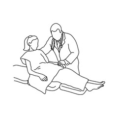 Doctor pulling female patient to sit on the bed vector illustration outline sketch hand drawn with black lines isolated on white background