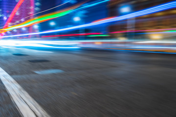 light trails in the downtown district, china.