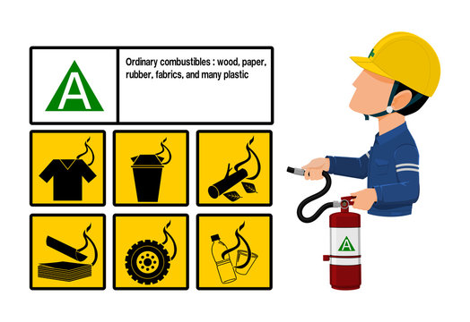 Set of Class A fire icon and  the industrial worker hold the Extinguisher tank . Class A fire is fire uses commonly flammable material as their fuel source
