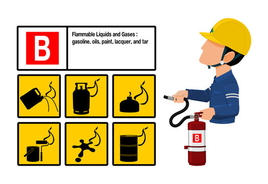 Set of Class B fire icon and  the industrial worker hold the Extinguisher tank. Class B fire is fire uses flammable liquid or gas as its fuel source
