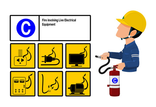 Set of Class C fire icon and  the industrial worker hold the Extinguisher tank. Class C fire is fire uses electrical components and/or energized equipment as its fuel source
