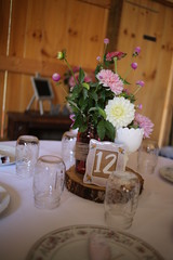 Wedding Photography: Pink, White, and Green Wedding Floral Arangement Centerpiece Rustic Table Number