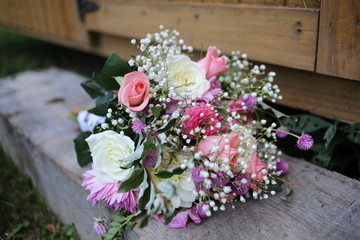 Wedding Photography: Pink and White Bridal Bouquet with Roses and Baby's Breath