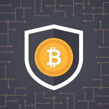 Bitcoin golden coin with shield in security concept design. Crypto currency digital security vector. Bitcoin vector illustration