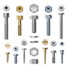 Bolts and screws. Vector screw and bolt, washer and nut hardware side view isolated on white background - obrazy, fototapety, plakaty