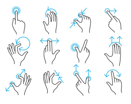 Hand touchscreen gestures. Vector hands actions icons on touch screens like swipe and slide touch