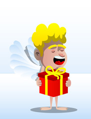 Cupid holding big gift box. Vector cartoon character illustration.