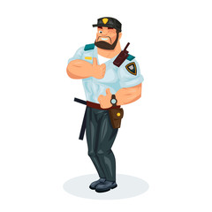 Policeman, with equipment: baton, pistol, handcuffs, walkie-talkie, showing sign class.