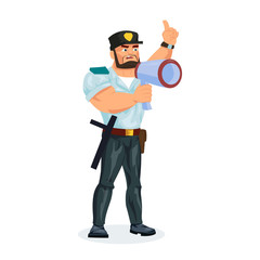 Policeman, communicates data by radio, loudspeaker, megaphone, transmits information.