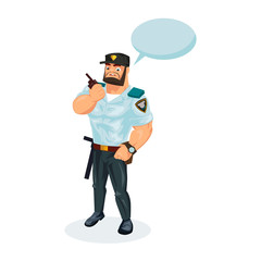 Policeman, with equipment, communicates data by radio, phone, transmits information.