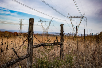 High Power Electric Lines near a hiking trail on Wade Mountain. Devil's Racetrack Trail. Huntsville, Alabama