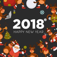 2018 cartoon Santa and deer poster or greeting card design template for Christmas and New Year.