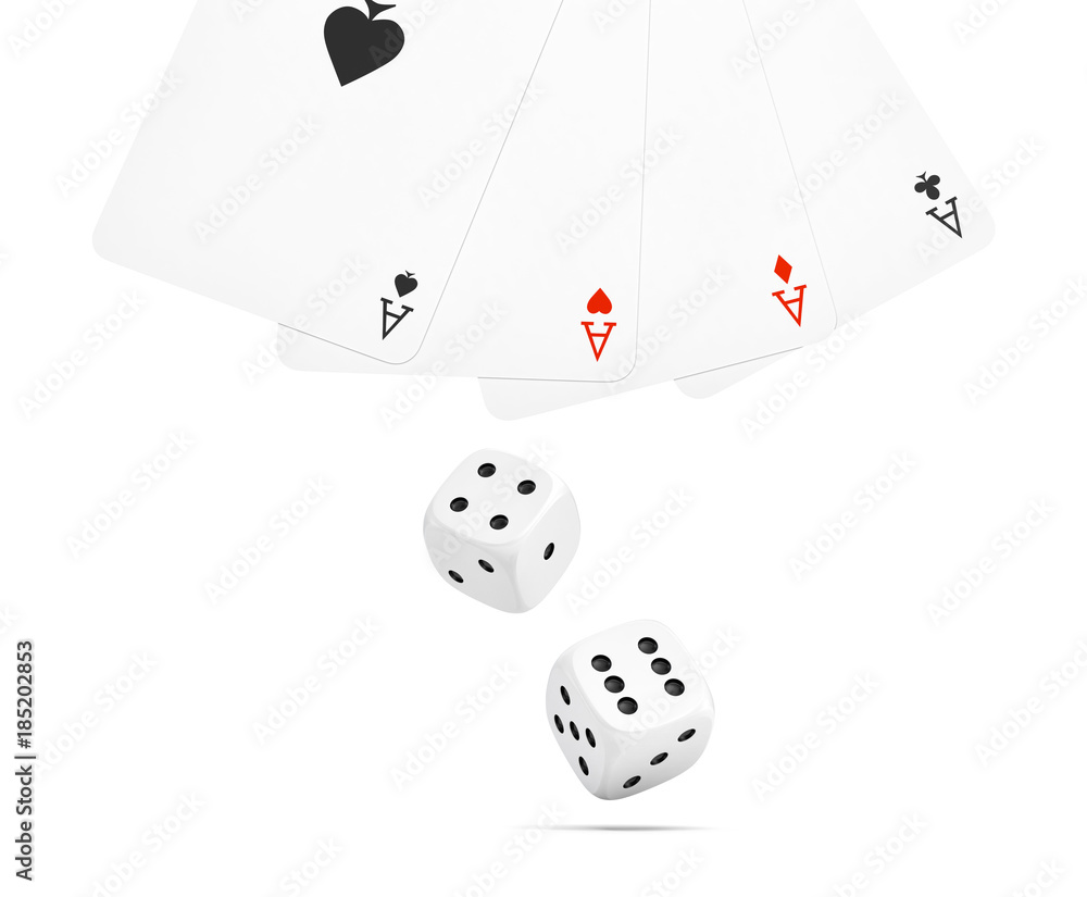 Poster 3d rendering of two white dice with four different ace playing cards isolated on a white background.