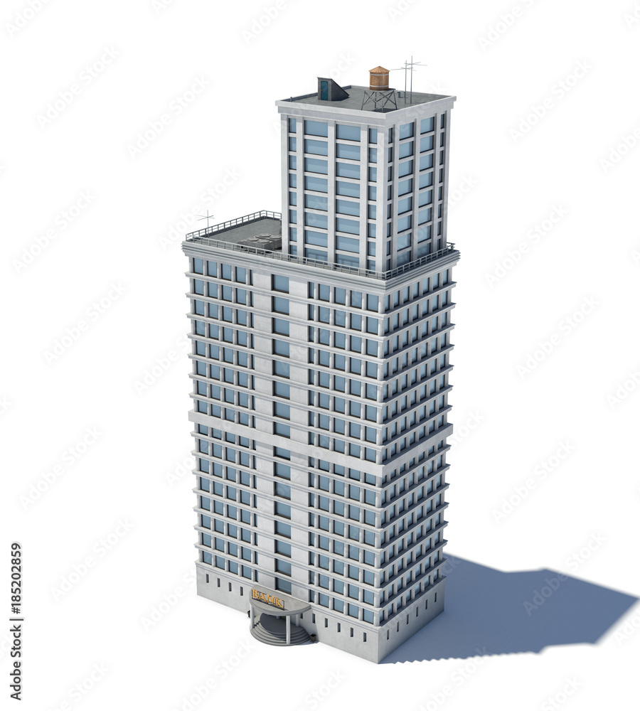 Poster 3d rendering of a white high office building with many large windows.