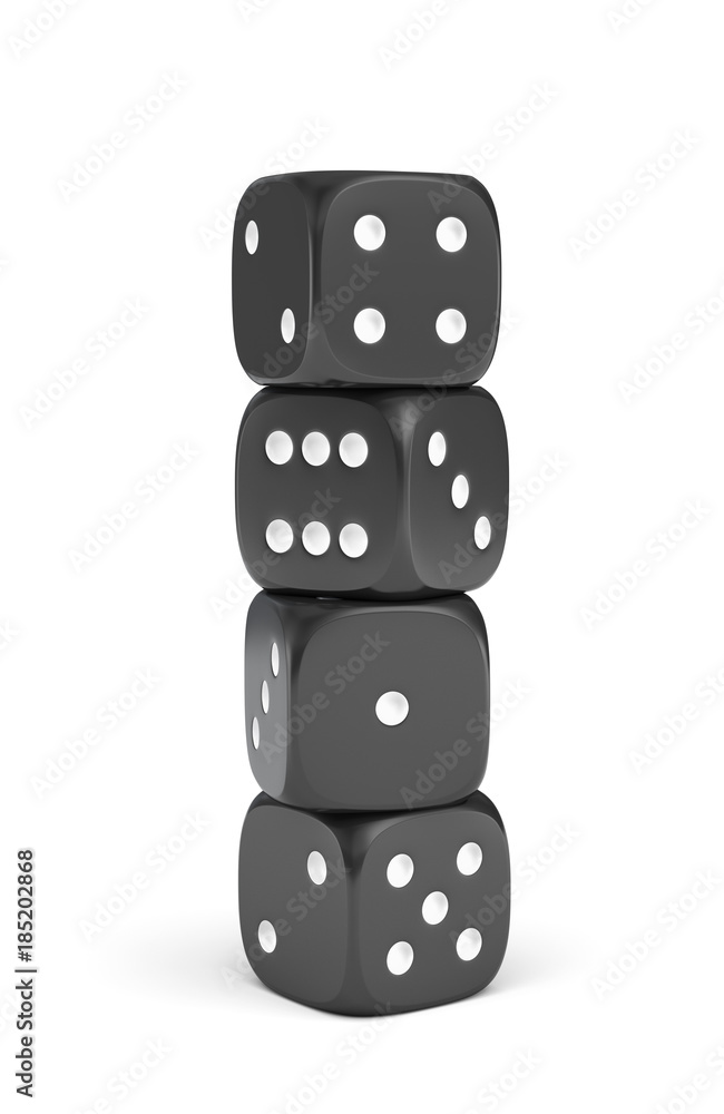 Poster 3d rendering of black dice with white pips standing vertically on a white background.