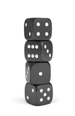 3d rendering of black dice with white pips standing vertically on a white background.