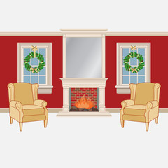 Living room interior with fireplace and chairs. Holyday decorations. Vector illustration on white background.