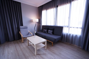 White interior design of living room, floor wooden