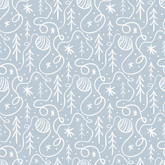 Winter background for Christmas, New Year greeting cards.  Seamless pattern with snowflakes, trees. Kids drawing.