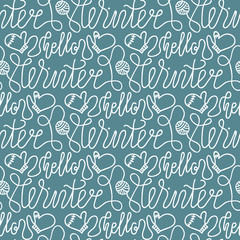 Hello Winter. Lettering. Winter background for Christmas, New Year greeting cards.  Seamless pattern with mittens. Kids drawing.